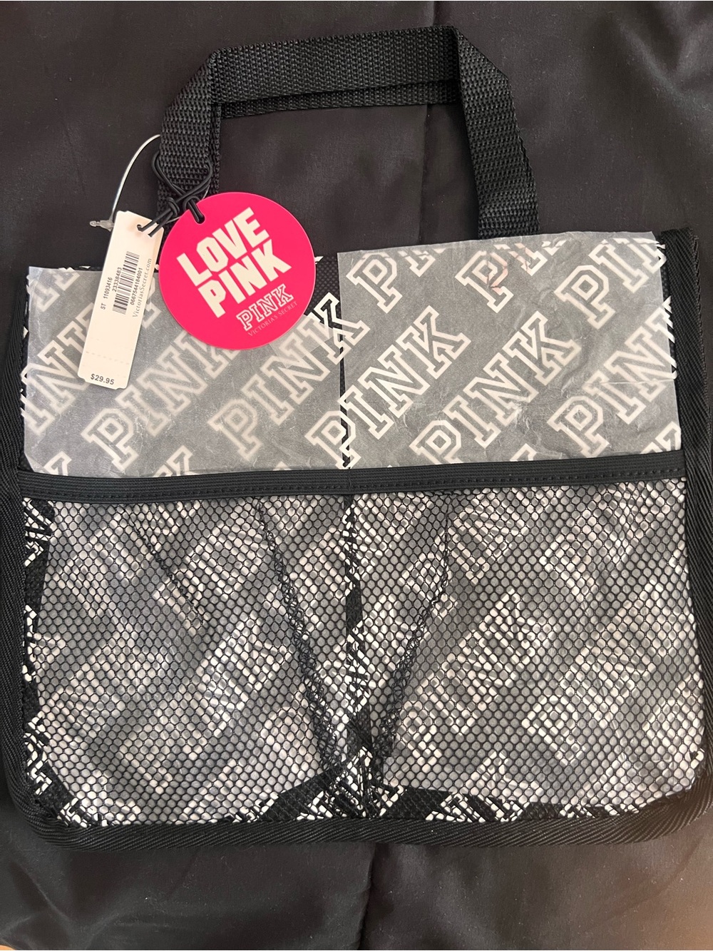 PINK Victoria's Secret Gray & Black Mesh Toiletry Bag with Pink Tag